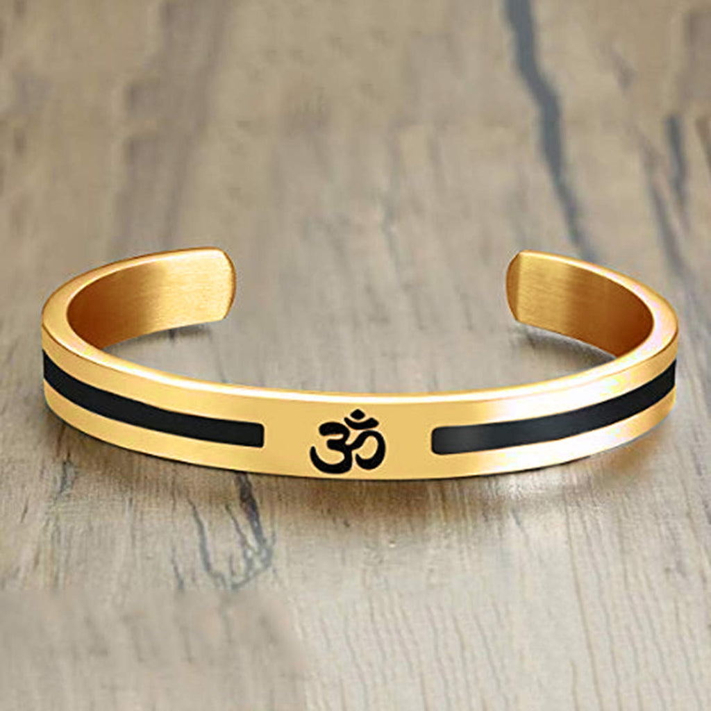 OM Ohm Aum Symbolic Religion Jewelry Stainless Steel Hindu Cuff Bracelets for Men, Half Open Design, Lucky Kada Bangle, Perfect Men's Gift