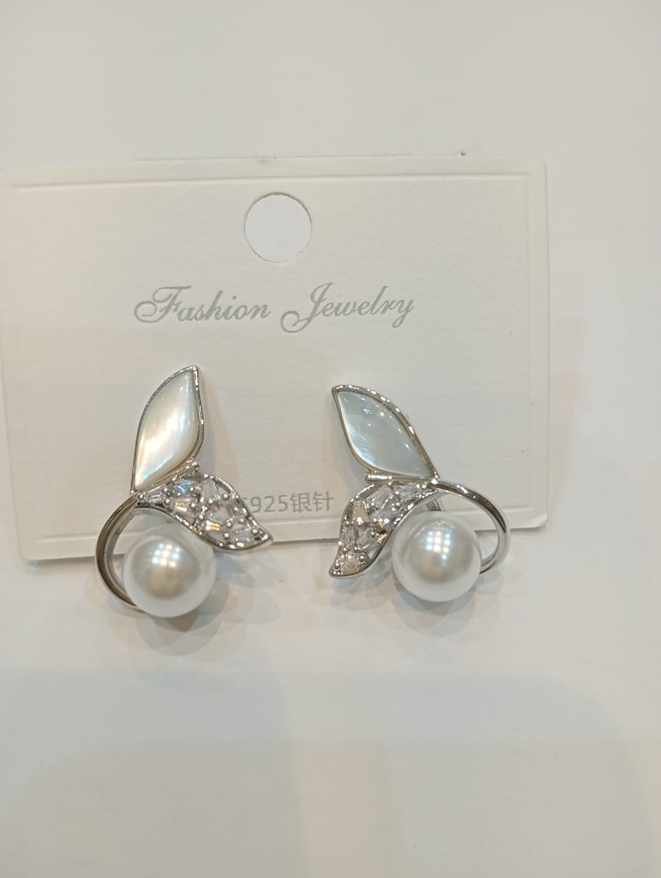 Fashion Fantasy Rhinestone Fishtail Stud with Pearl Gold Plated Earrings for Women