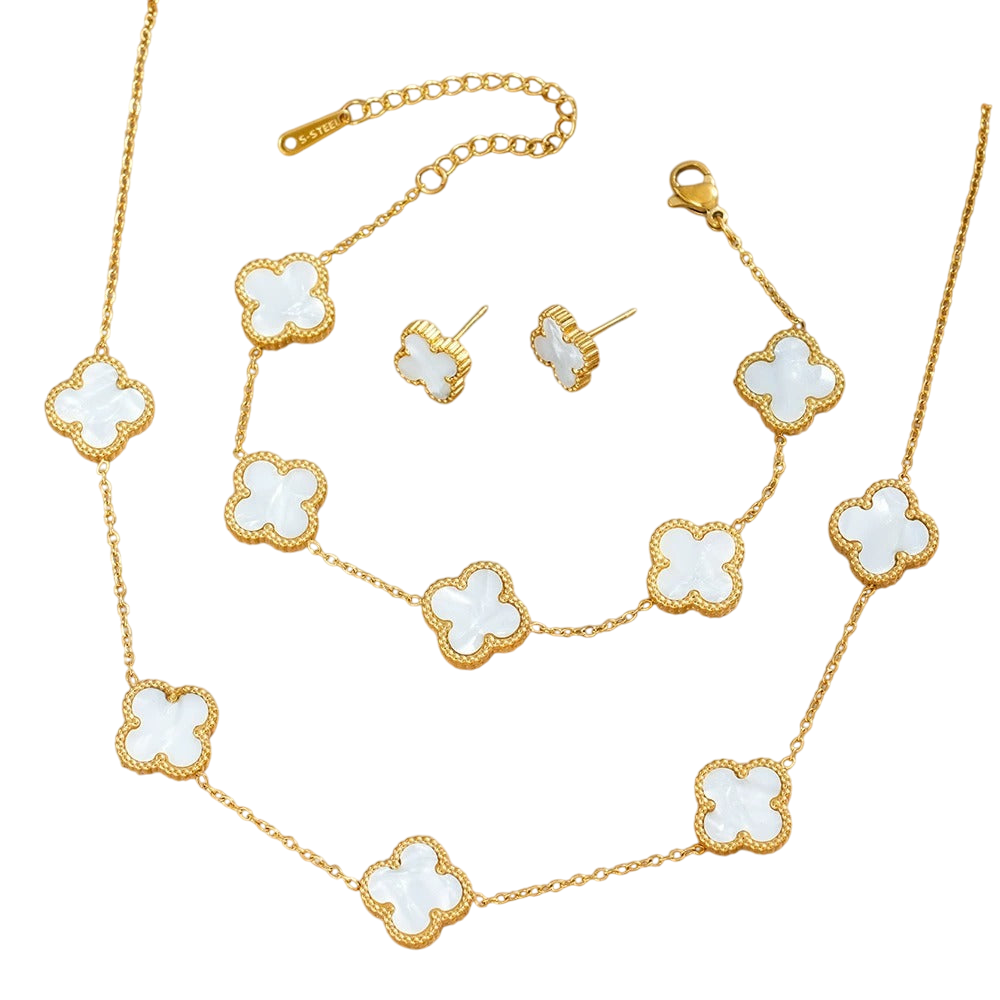 Stainless Steel Gold Plated White Anti Tarnish Clover Jewelry Set For Girls And Women