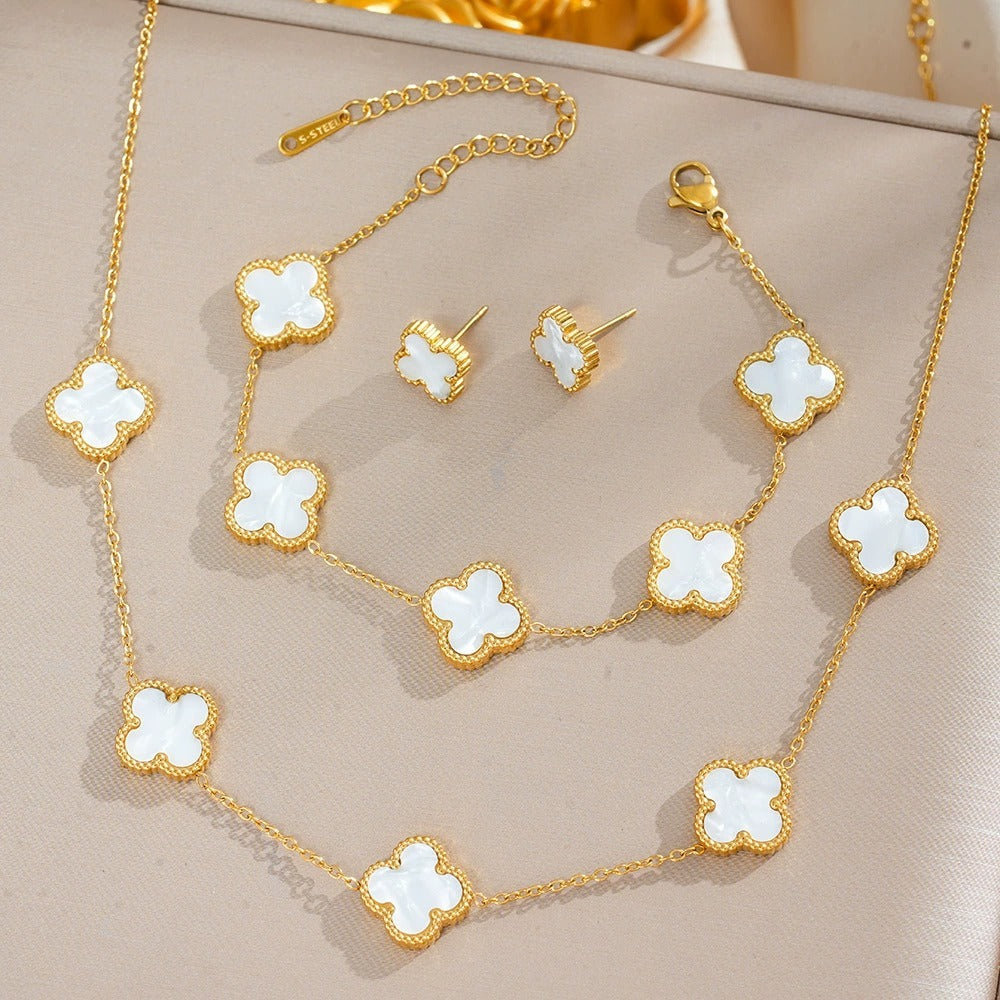 Stainless Steel Gold Plated White Anti Tarnish Clover Jewelry Set For Girls And Women