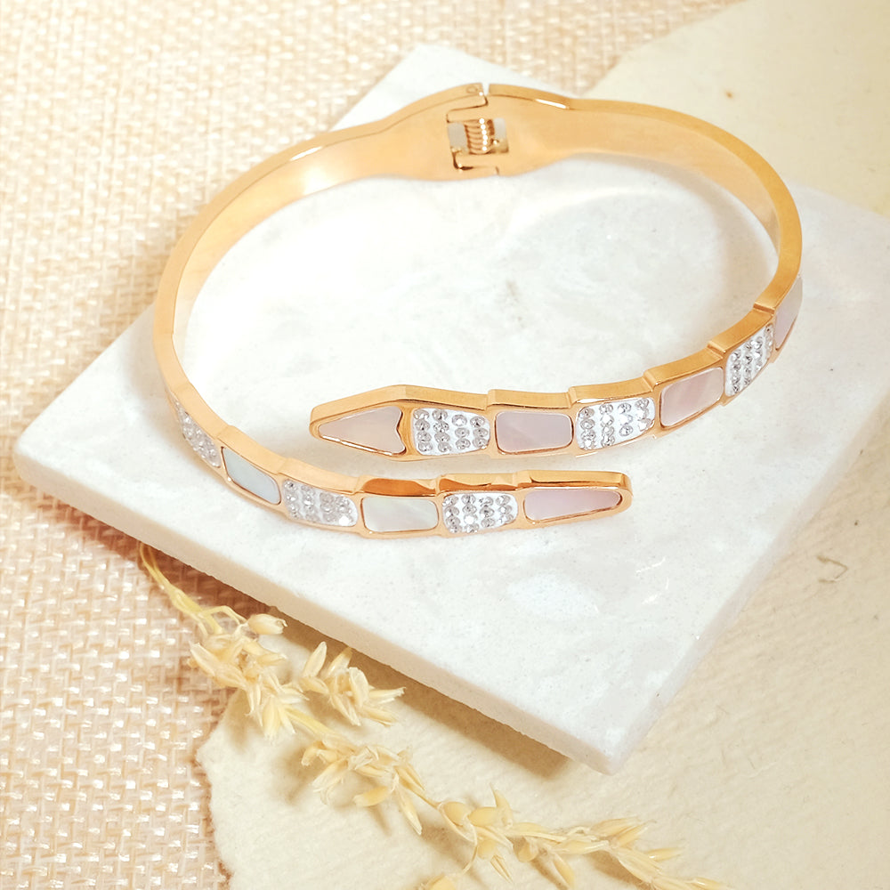 Gold Plated Mother of Pearl Snake Styled AD Studded Anti-Tarnish Bracelet for Women