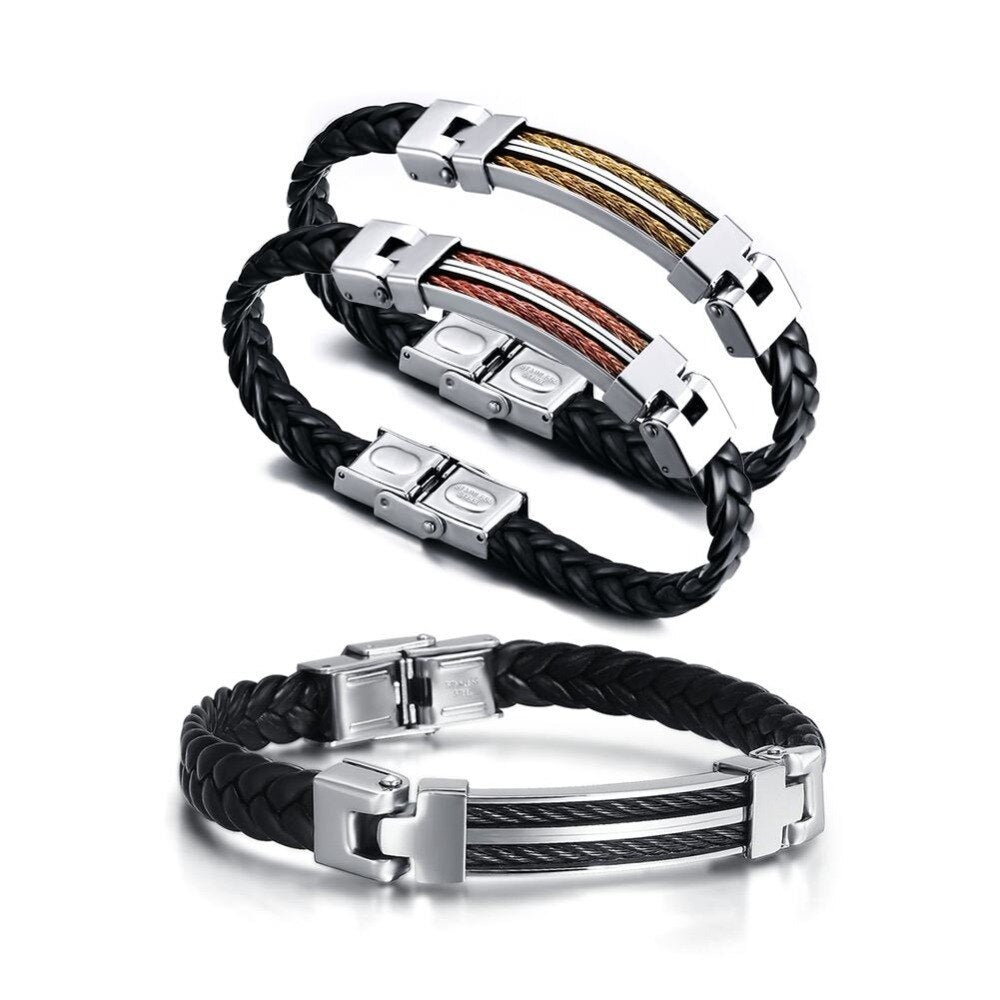 Stylish Men's Stainless Steel Leather Wrap Cuff Bracelet with Clasp