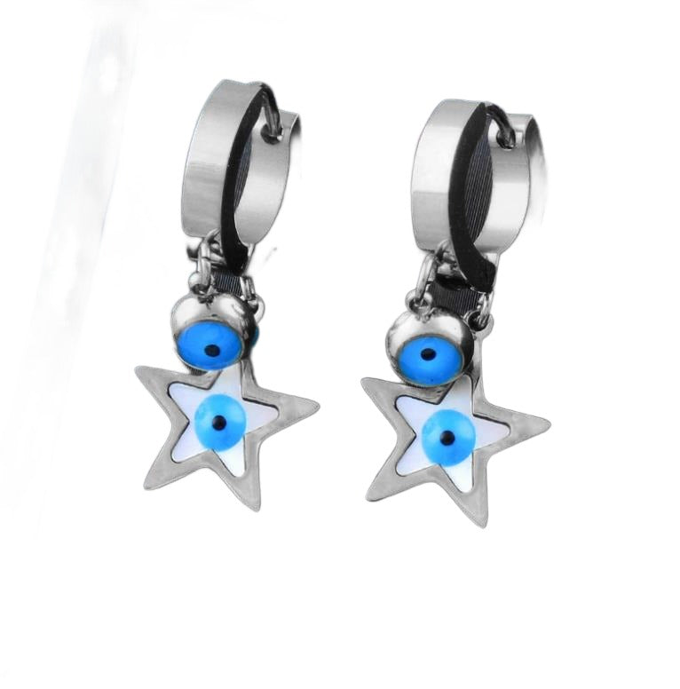Fine Blue Eyes with White shell Star Shape Hoop Stainless Steel Earrings