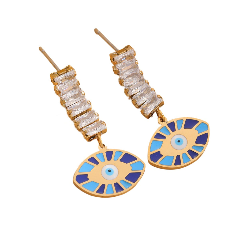 Turkish Blue Eye White CZ drop Gold plated Stainless Steel Earrings