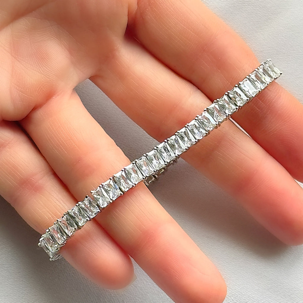 Rectangular Cut Cubic Zirconia White Matrix Anti-Tarnish Tennis Bracelet for Women