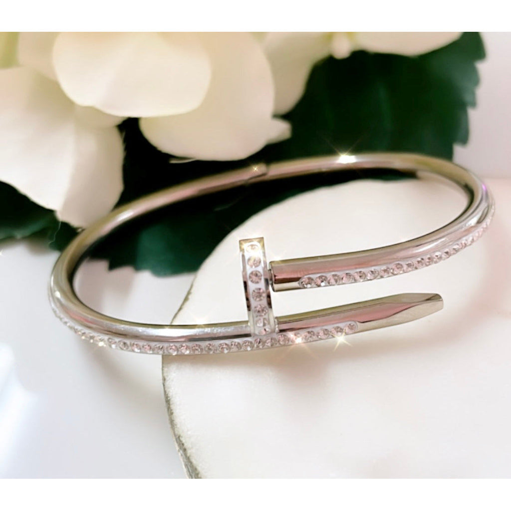 Stainless Steel Gold Plated Anti Tarnish AD Studded Nail Bracelet for Women