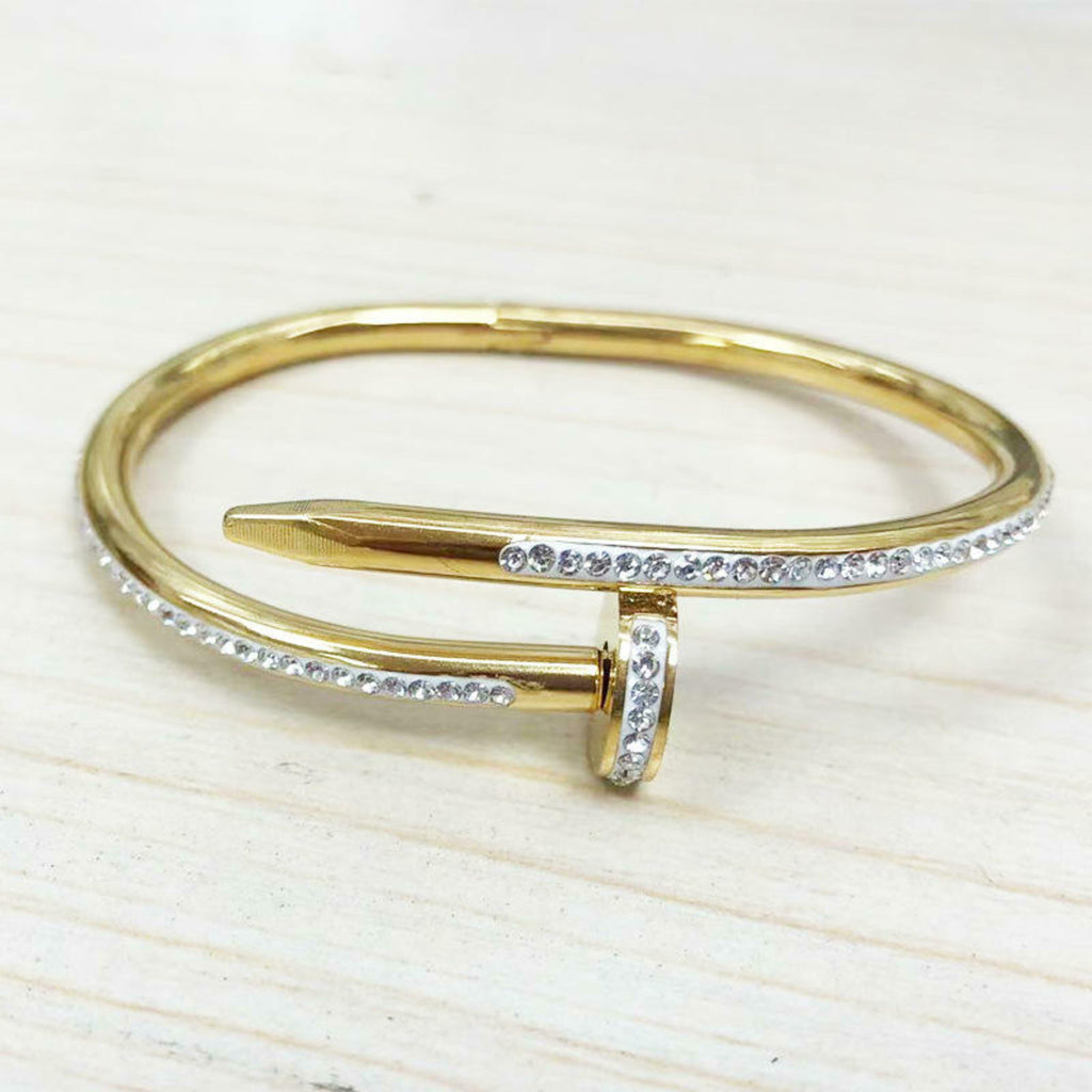 Stainless Steel Gold Plated Anti Tarnish AD Studded Nail Bracelet for Women