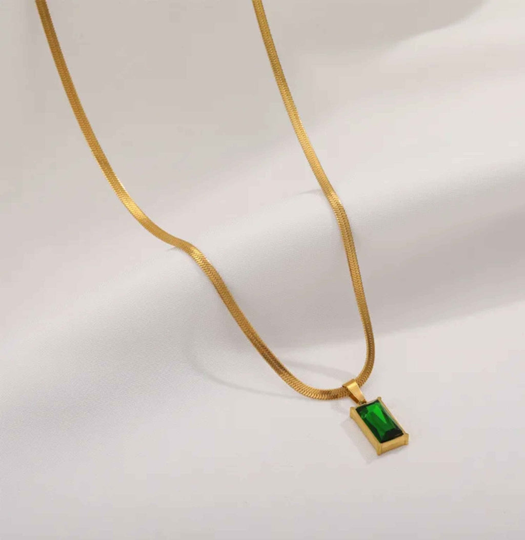 Gold Plated Anti-Tarnish Green Geometric Pendant Necklace for Women