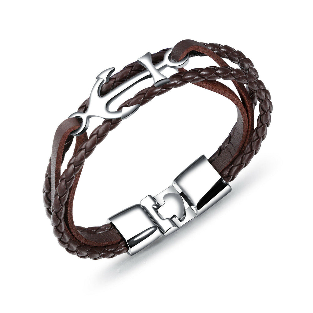Men's Stainless Steel Anchor Leather Multi-Strap Bracelet