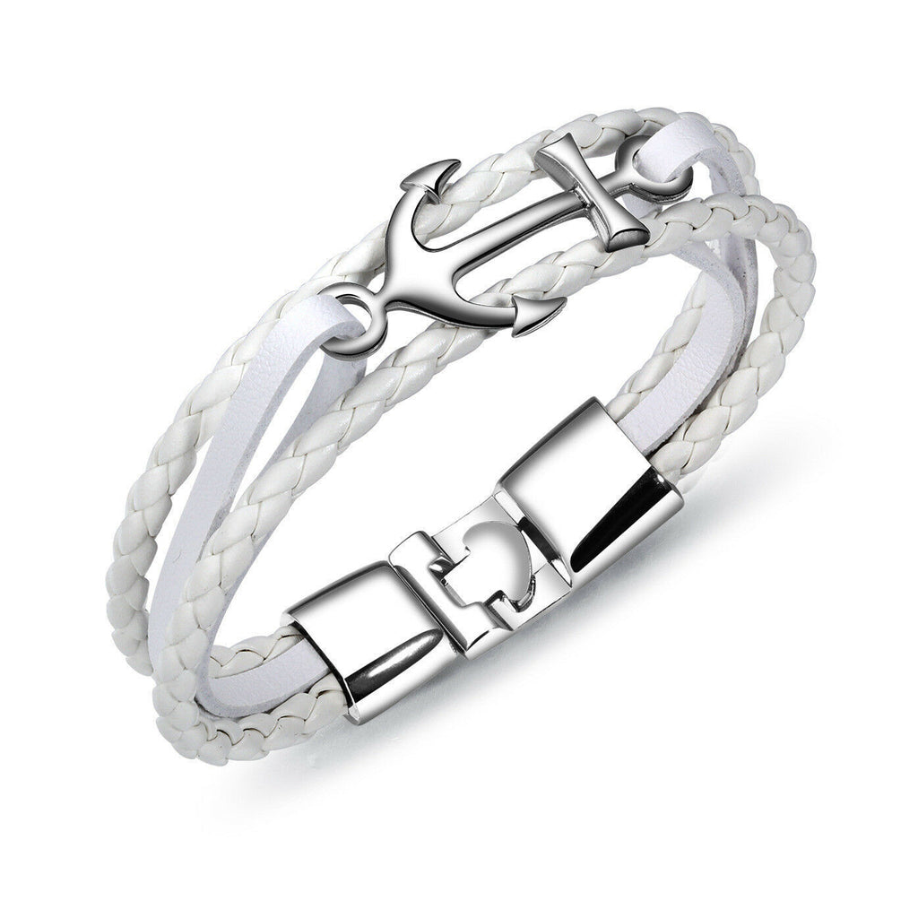 Men's Stainless Steel Anchor Leather Multi-Strap Bracelet