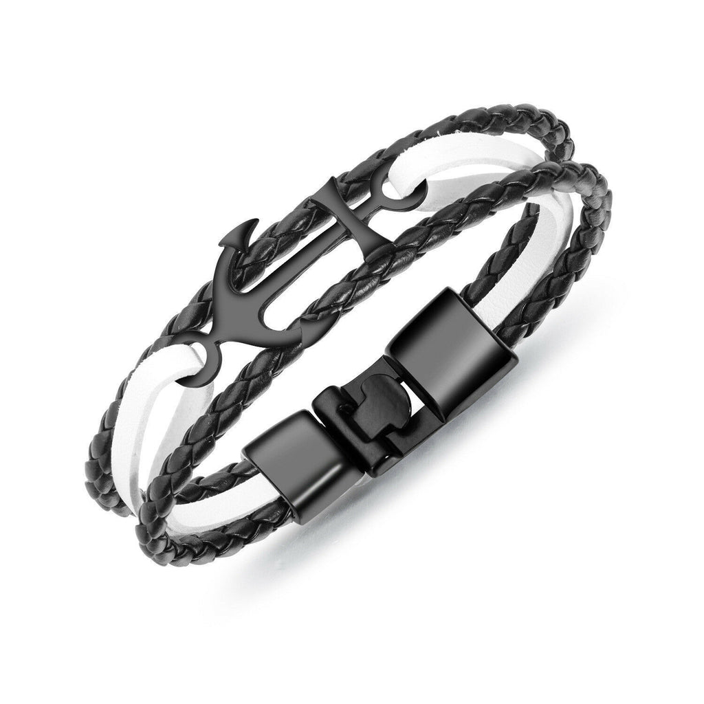 Men's Stainless Steel Anchor Leather Multi-Strap Bracelet