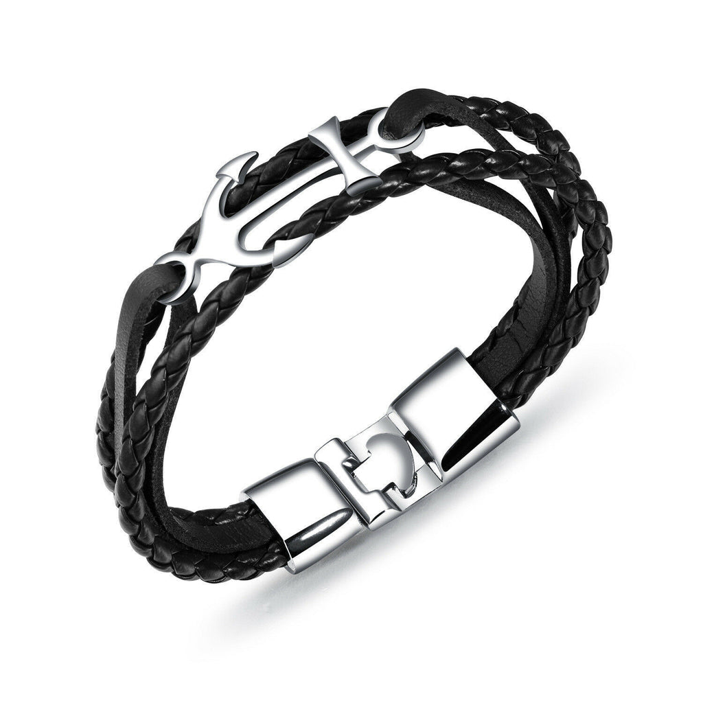 Men's Stainless Steel Anchor Leather Multi-Strap Bracelet