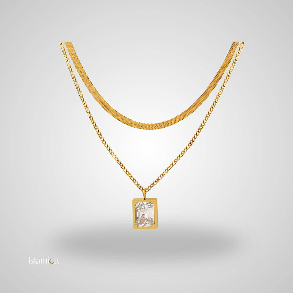 Gold-Plated Anti-Tarnish Green Emerald Geometric Layered Necklace for Women