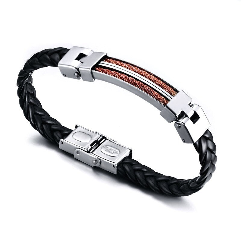 Stylish Men's Stainless Steel Leather Wrap Cuff Bracelet with Clasp