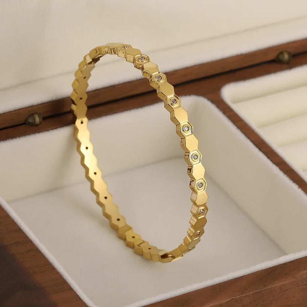 Gold-Plated AD Bangle-Style Hexagonal Anti-Tarnish Bracelet for Women