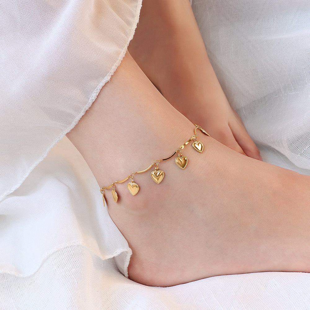 Premium Quality Waterproof 18k Gold Plated Stainless Steel Small Multiple Heart Charm Anklet