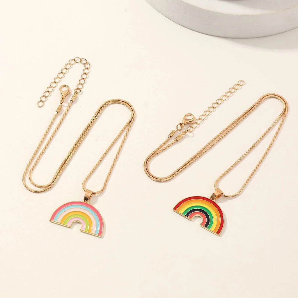 Beautiful Rainbow Necklace Set (2pcs) with Enamel Painted Gold plated Chain Necklace