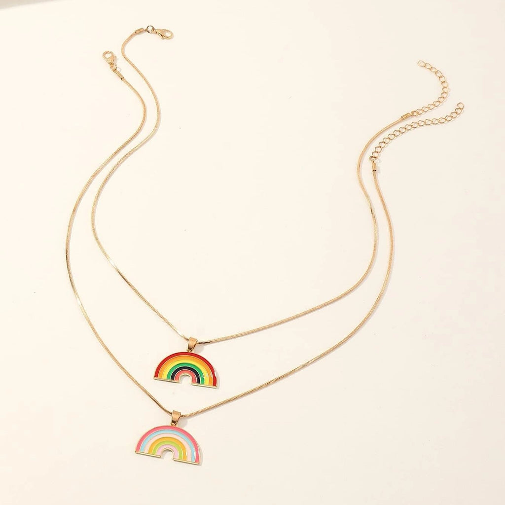 Beautiful Rainbow Necklace Set (2pcs) with Enamel Painted Gold plated Chain Necklace