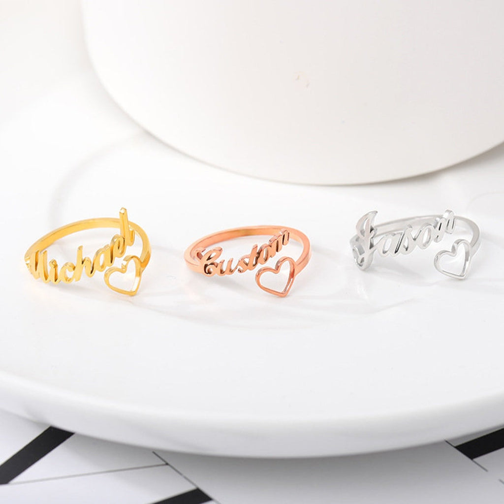 Gold Plated Heart Heart Design Custom Name Adjustable Ring for Women