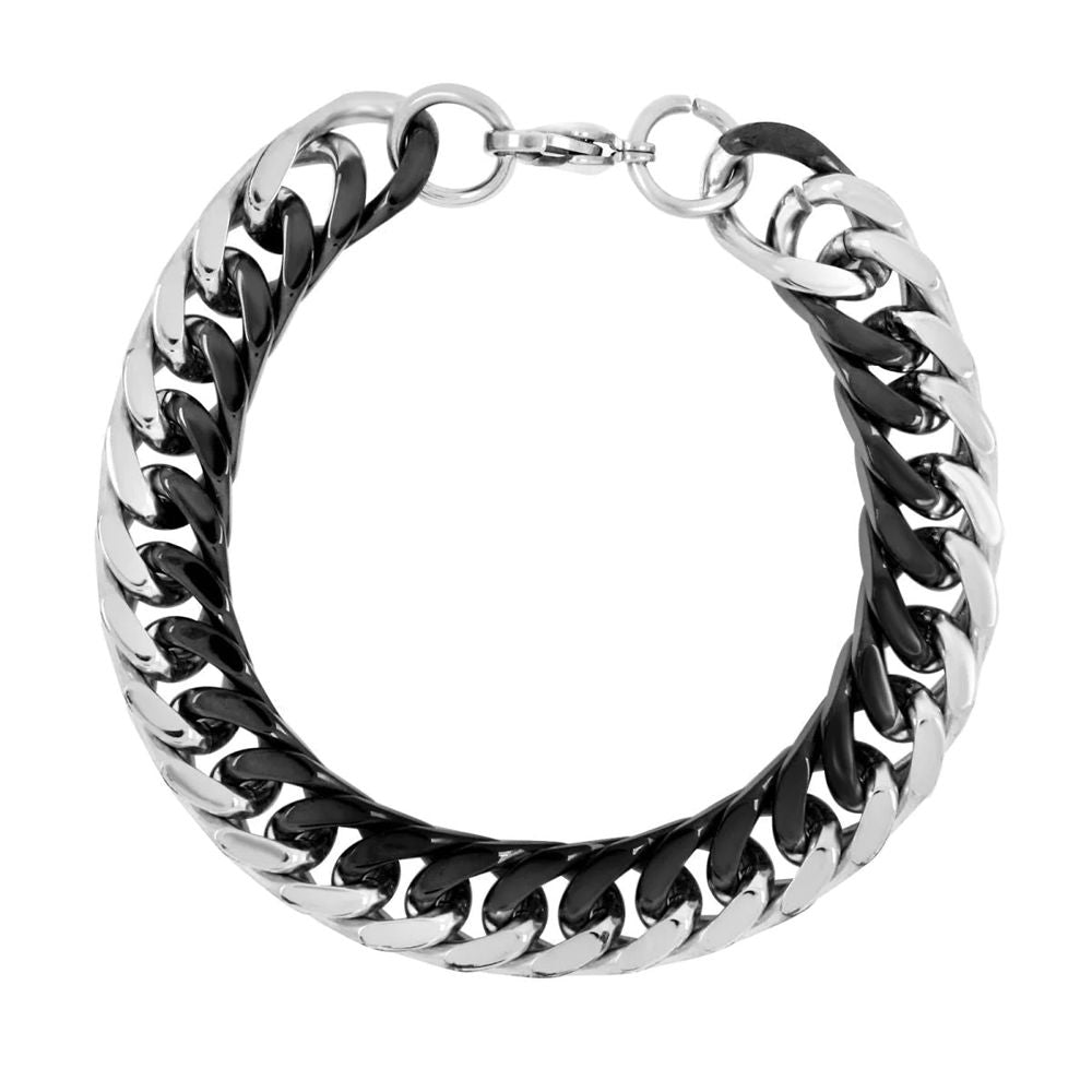 Men's Silver Black Curb Stainless Steel Bracelet - Masculine and Bold Fashion Accessory