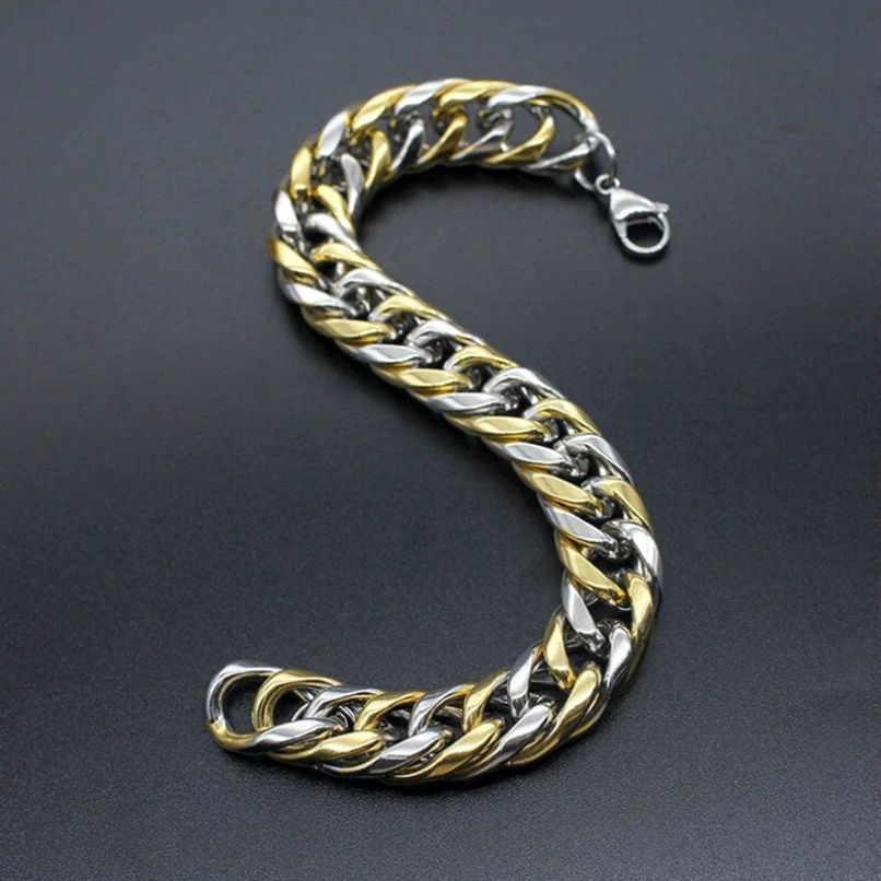 Men's Two Tone 3D Curb Gold Silver Bracelet - 316L Stainless Steel, Stylish and Eye-Catching Design