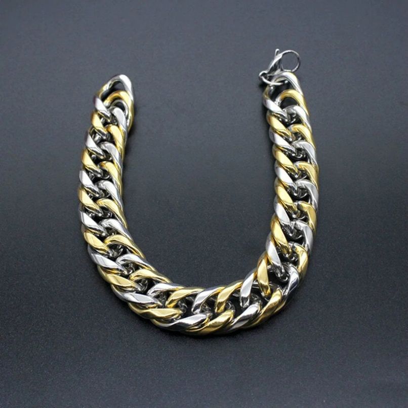 Men's Two Tone 3D Curb Gold Silver Bracelet - 316L Stainless Steel, Stylish and Eye-Catching Design