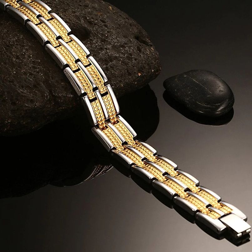 Exquisite Italian Stainless Steel 18K Gold Rhodium Finish Magnetic Bracelet for Men