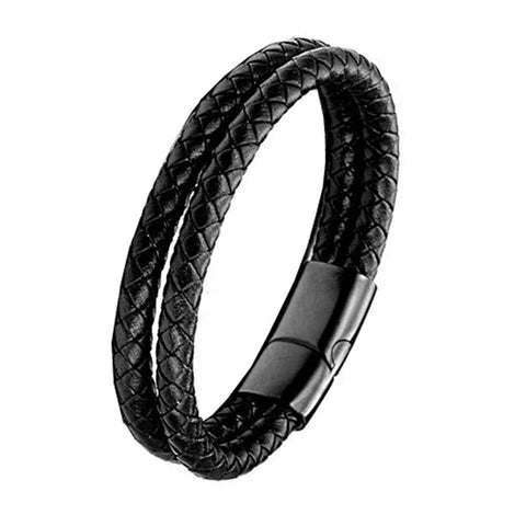 Men's Two Layer Rope Black Leather Charm Wrist Band Strand Bracelet - Stylish and Trendy Fashion Accessory