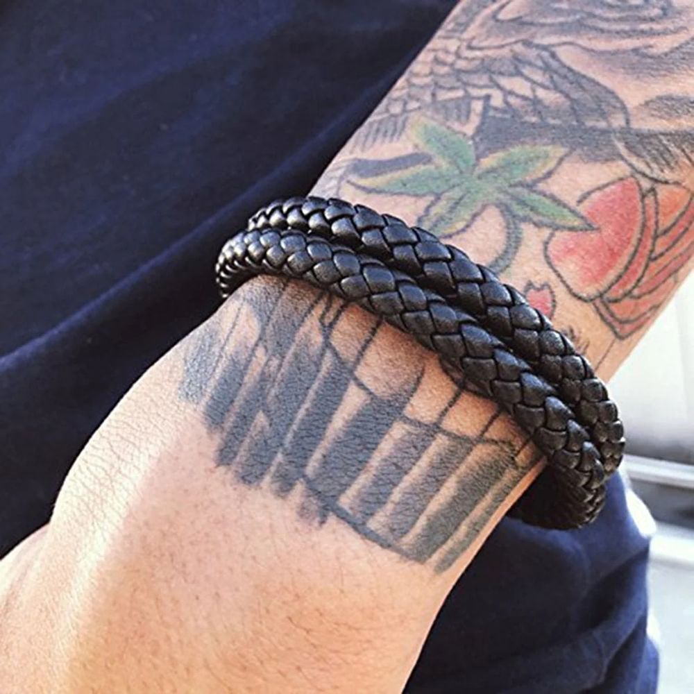 Men's Two Layer Rope Black Leather Charm Wrist Band Strand Bracelet - Stylish and Trendy Fashion Accessory