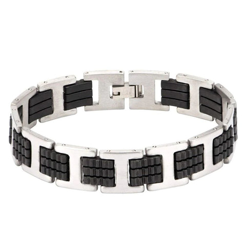 Men's Stylish Rubber and Stainless Steel Black Silver Bracelet - Modern and Versatile Fashion Accessory