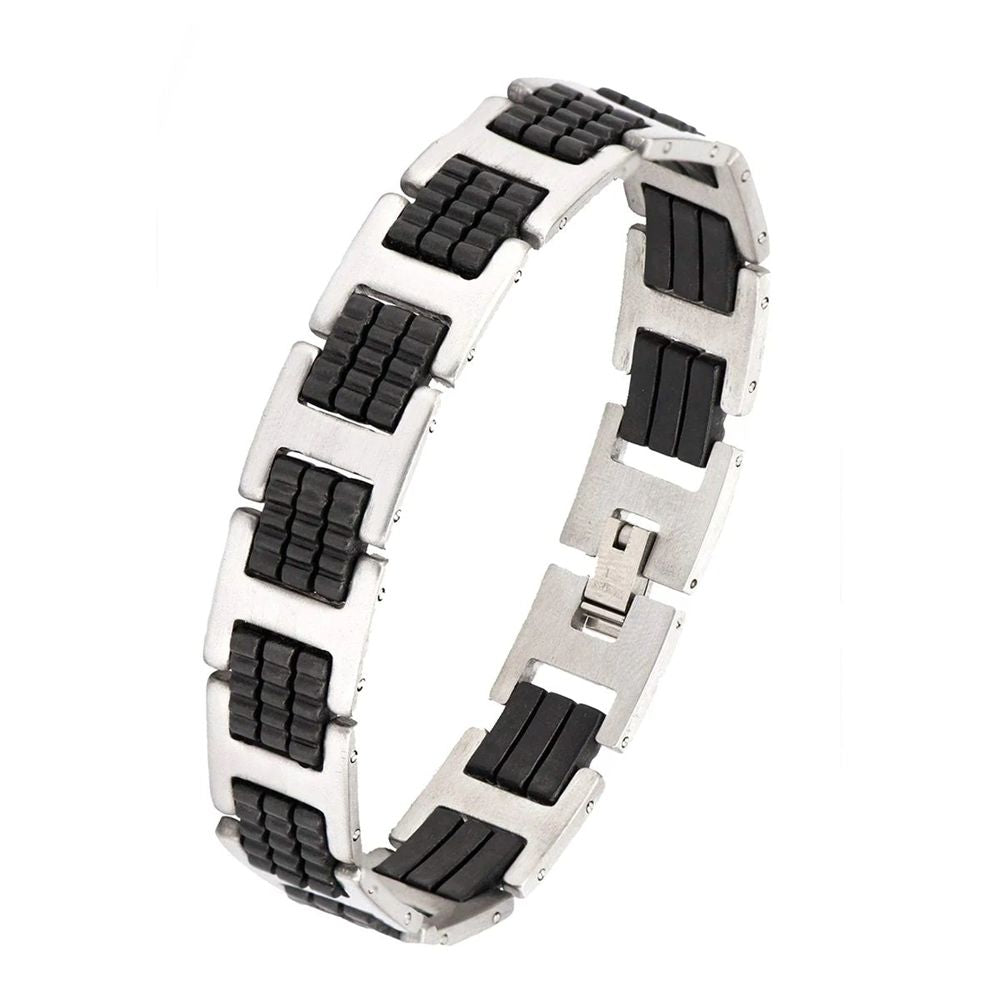 Men's Stylish Rubber and Stainless Steel Black Silver Bracelet - Modern and Versatile Fashion Accessory
