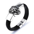 Black Leather and Stainless Steel Punk Biker Lion Magnetic Bracelet for Men