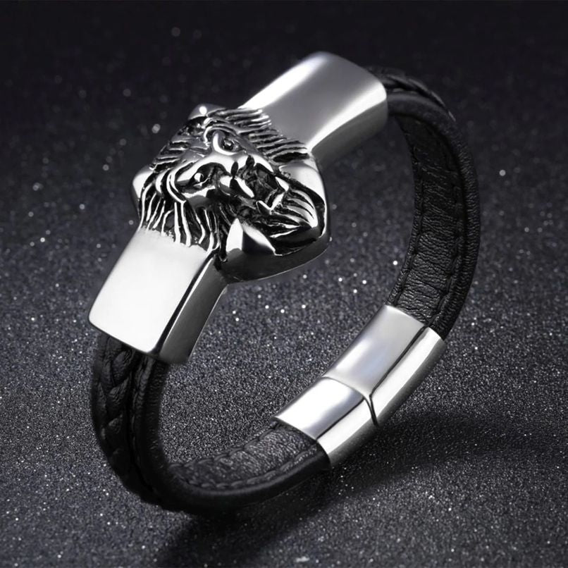 Black Leather and Stainless Steel Punk Biker Lion Magnetic Bracelet for Men