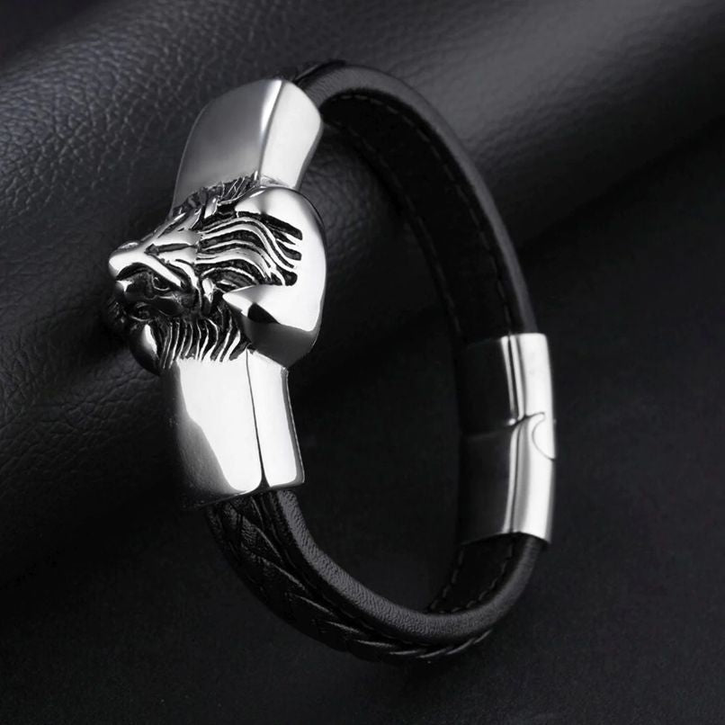 Black Leather and Stainless Steel Punk Biker Lion Magnetic Bracelet for Men