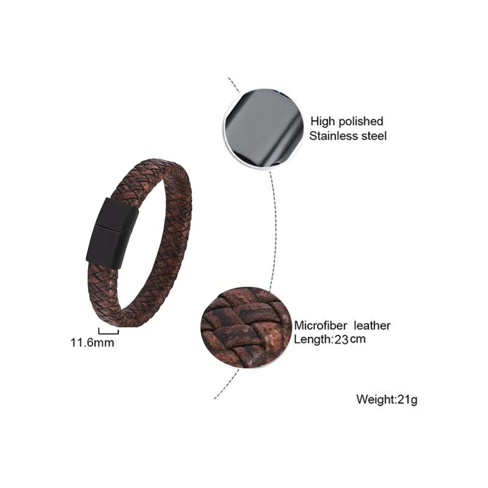 Men's Braided Brown Leather and Black Stainless Steel Wrist Band Bracelet - Bold and Rugged Fashion Accessory