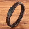 Men's Braided Brown Leather and Black Stainless Steel Wrist Band Bracelet - Bold and Rugged Fashion Accessory