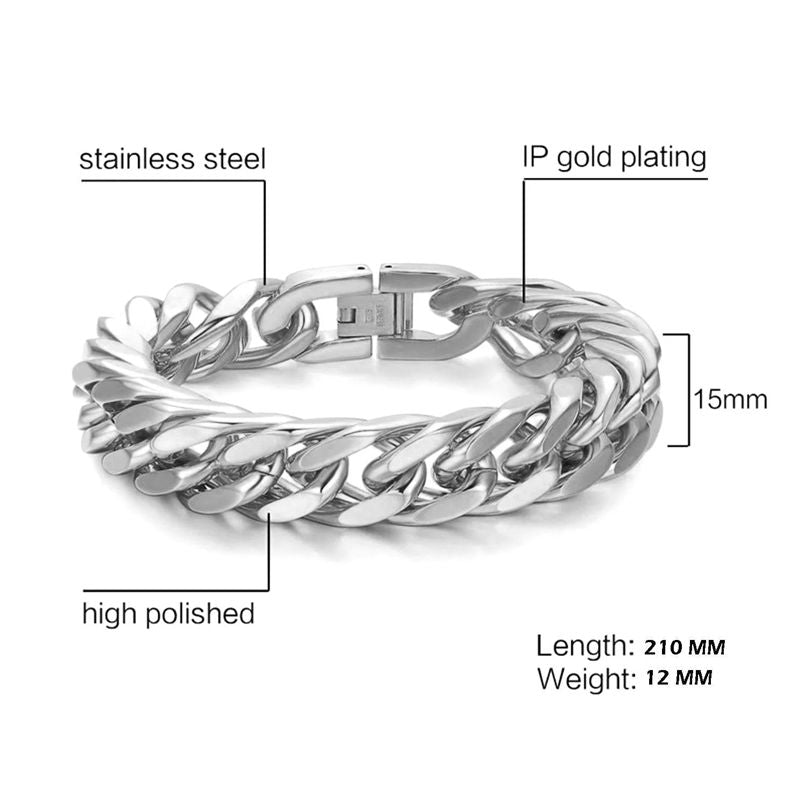 Classic 3D Curb High End Stainless Steel with Rhodium Plated Bracelet for Men