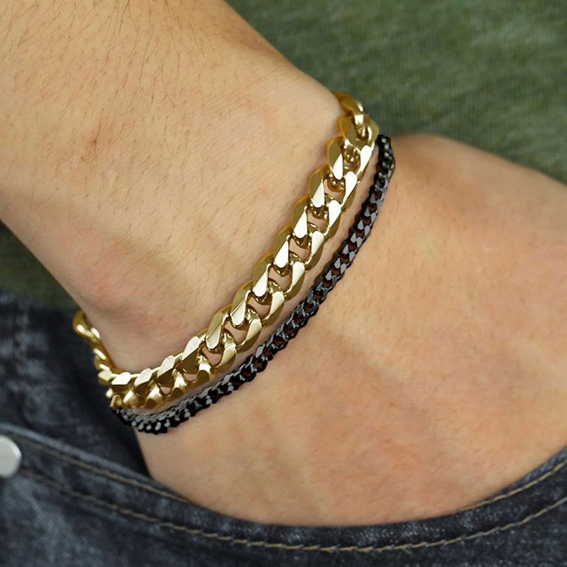 Double Layered Curb Chain Bracelet: Black Gold, Made of 316L Stainless Steel for Men