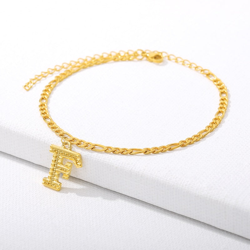 Figaro Cuban Link Chain 18K Gold Plated Waterproof Stainless Steel Anklets A-Z 26 Initial Letter
