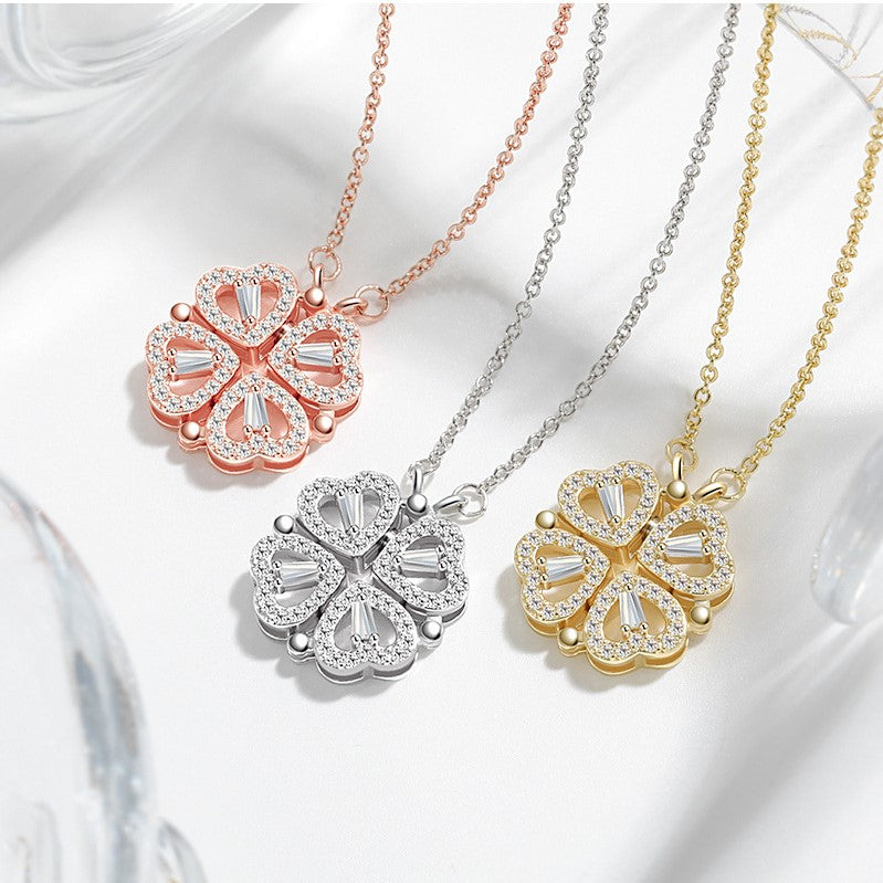 Four Hearts Leaf Clover Necklace Retro Magnetic Folding Heart Shaped Pendant Chain For Women