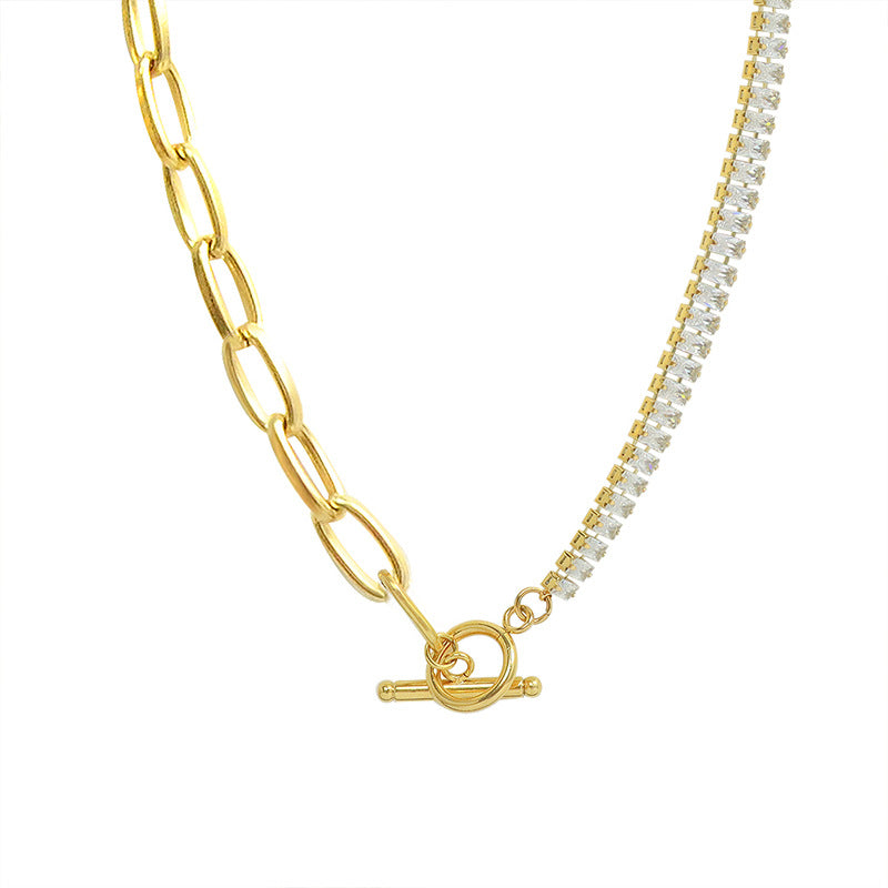 Korean new design fashion jewelry thick chain luxury shiny asymmetric copper inlaid zircon OT buckle choker necklace for Women