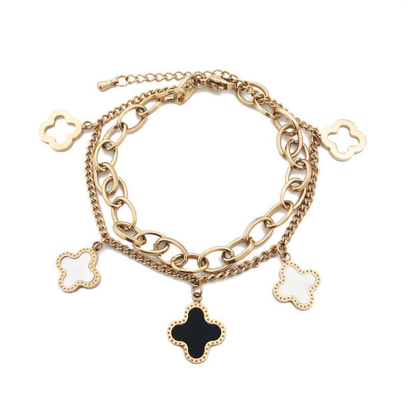 Double Stainless Steel Layered Clover Bracelet - Gold Color