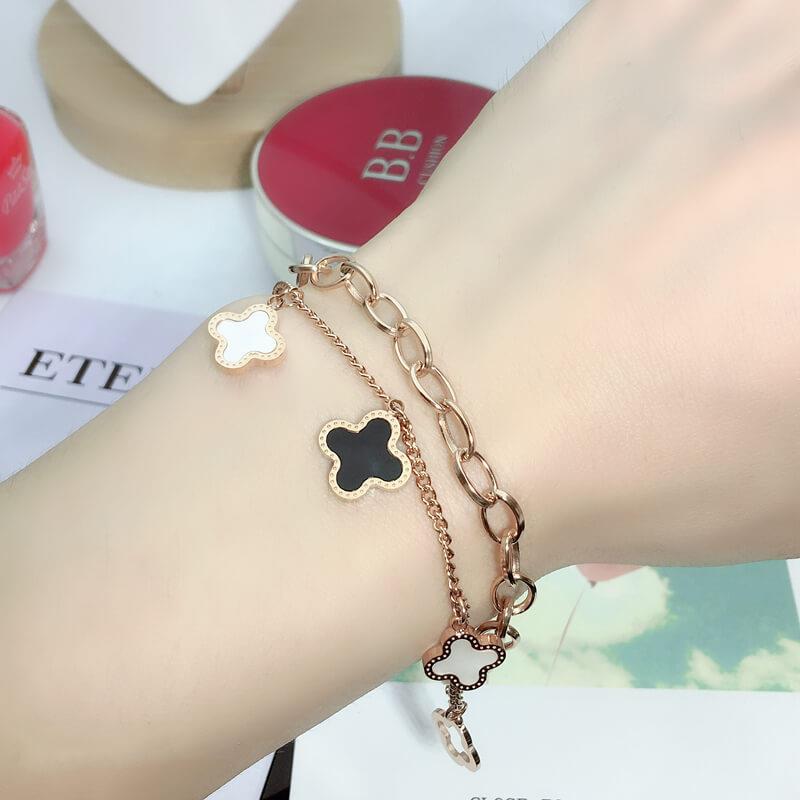 Double Stainless Steel Layered Clover Bracelet - Gold Color