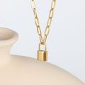 18K Gold Plated Stainless Steel Padlock Lock Pendant Necklace with Paper Clip Chain