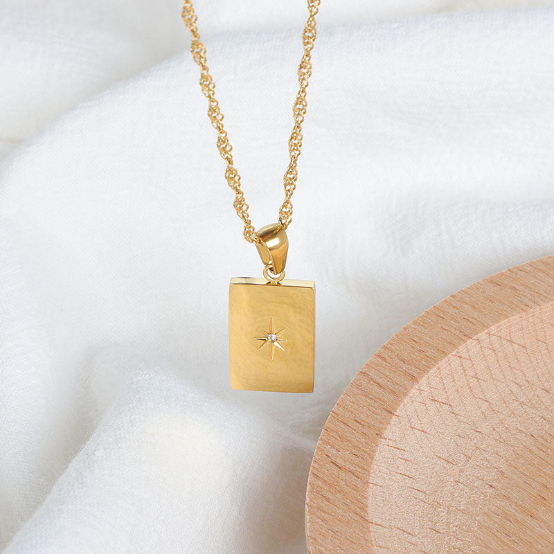 18K Gold Plated North Star Rectangle Pendant Tarnish Free Water proof Necklace