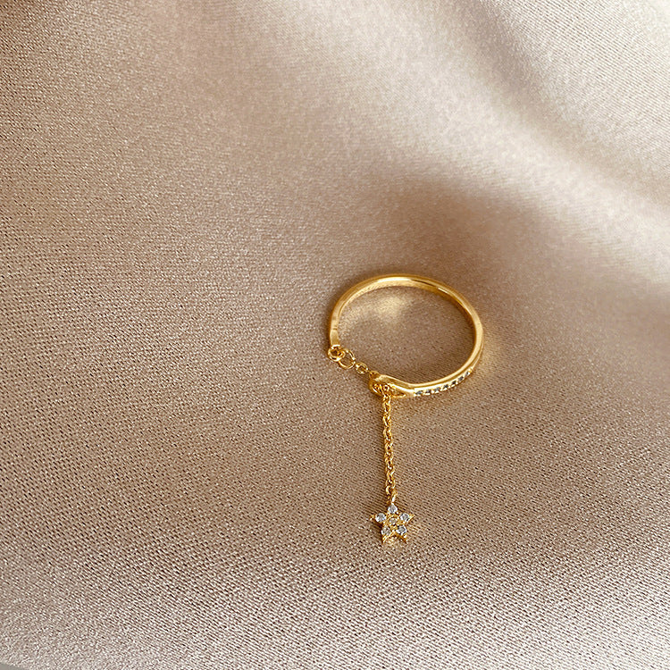 Premium Quality 18k Gold Plated Minimalist CZ Zircon Star Tassel Adjustable Ring For Women