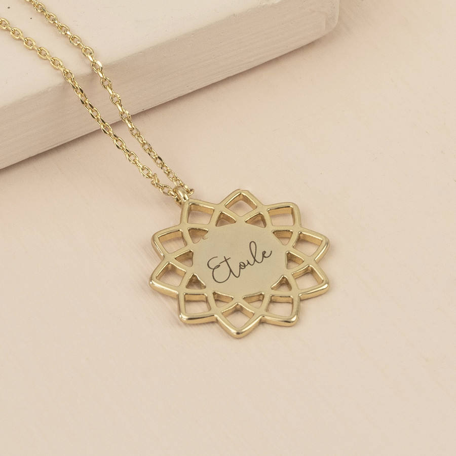 Gold Plated Personalized Shiny Mandala Pendant Necklace with Engraved Names