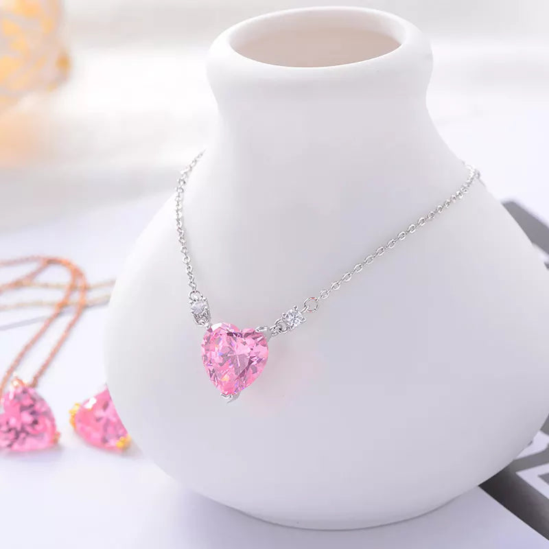 Korean Style Bling Pink Diamond Rhinestone Crystal Heart Pendant Necklace for Women