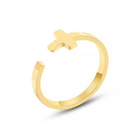 High Quality 18K Gold Plated Stainless Steel Adjustable Size Open Cross Ring for Men & Women