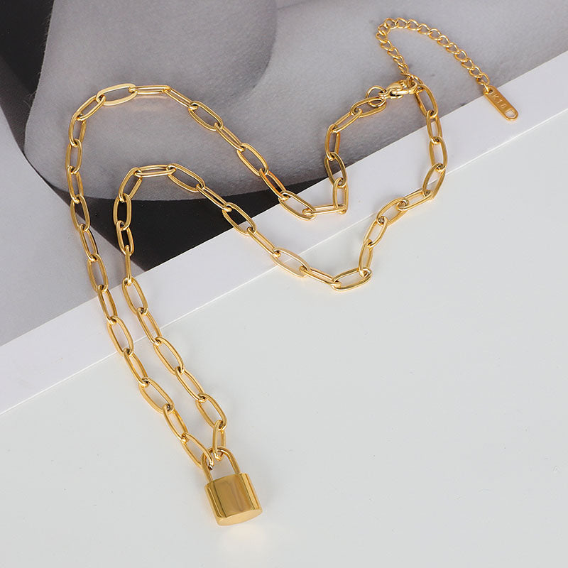18K Gold Plated Stainless Steel Padlock Lock Pendant Necklace with Paper Clip Chain